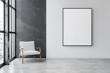Modern interior with chair and blank frame for mockup.