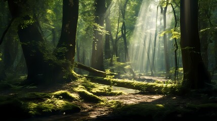 Fototapeta premium A hidden grove within the forest, where beams of sunlight pierce through the dense canopy, illuminating the lush undergrowth.