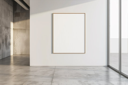 Minimalist interior with an empty frame on a white wall, ideal for art display mockups.