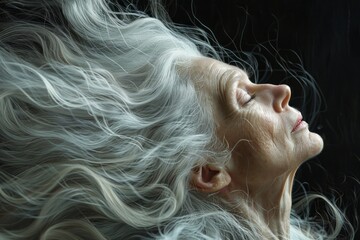 Woman Hair blowing in the air, long white or grey hair, old man. Isolated on black