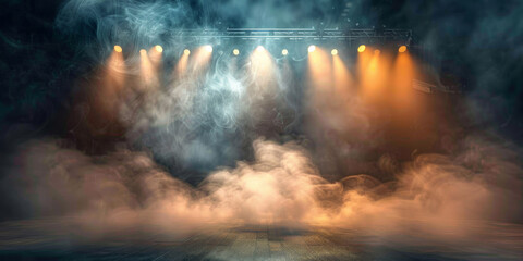 emptry Free stage with lights and smoke, Empty stage with orange yellow spotlights, conser, show, party, Presentation concept. dark navy blue spotlight strike on black background. banner design