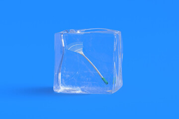 Leaf rake in ice cube. 3d illustration