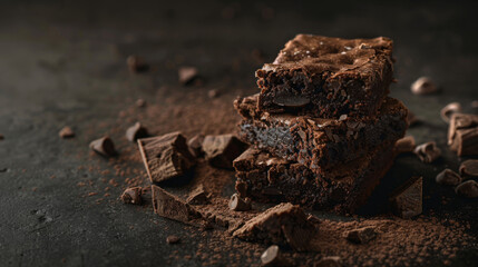 Fresh dark chocolate brownies on dark surface. Dark background. Sweet. Moist. Treat. Copy space. - obrazy, fototapety, plakaty