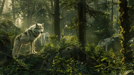 A fairy-tale forest straight out of a storybook, where wise and noble forest guardians, in the form of majestic wolves, watch over the enchanted