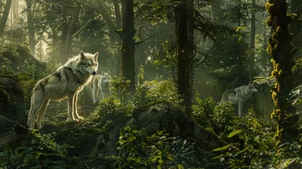 Fotobehang A fairy-tale forest straight out of a storybook, where wise and noble forest guardians, in the form of majestic wolves, watch over the enchanted © Alex