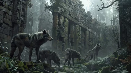 Zelfklevend Fotobehang A hauntingly beautiful scene of ancient ruins reclaimed by nature, where a pack of formidable dire wolves prowls among crumbling stone  © Alex