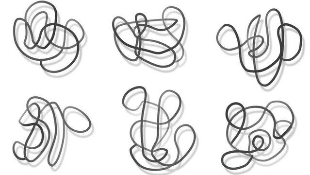 Animation of individual tangled bundles of threads or wires.