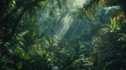 A lush tropical rainforest alive with the sounds of chirping birds and buzzing insects, where a family of elusive jungle wolves traverses the dense  - obrazy, fototapety, plakaty