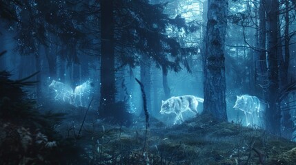 A mystical forest bathed in an ethereal glow, where ghostly spirit wolves materialize among the ancient trees, their translucent forms shimmering  - obrazy, fototapety, plakaty
