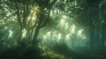 A mystical forest bathed in an ethereal glow, where ghostly spirit wolves materialize among the ancient trees, their translucent  - obrazy, fototapety, plakaty