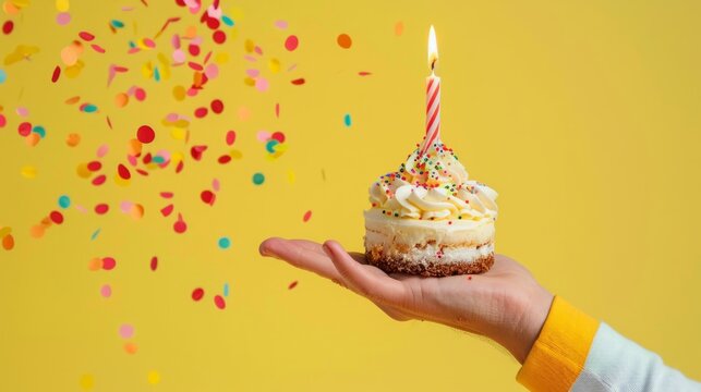 Small birthday cake with candle on palm close up on yellow background, birthday concept.