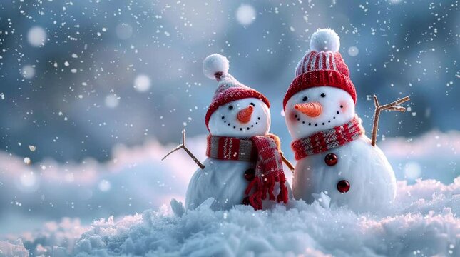 Frosty friends: Two cheerful snowmen stand side by side in a picturesque winter landscape, spreading joy and holiday che Seamless looping 4k time-lapse virtual video animation background. Generated AI