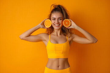 Cheerful young woman in fitness attire holding oranges near her face, symbolizing health and nutrition.