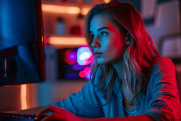 Young woman working on computer with red and blue neon lighting