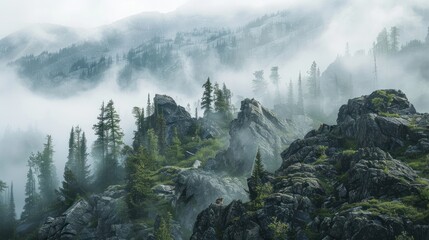 A rugged mountain ridge cloaked in mist and dotted with rocky outcrops, where a group of gray...