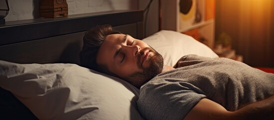 A man is peacefully asleep in bed, his eyes closed and head resting comfortably on a soft pillow