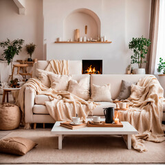 Cozy living room with fireplace in beige tones