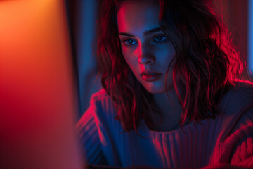 Close-up of a thoughtful young woman in vibrant red and blue light.