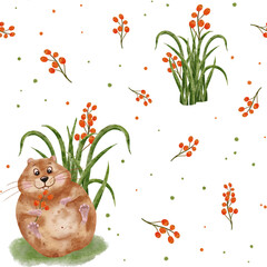 Seamless pattern with Hamster in the grass. Watercolor Hamster with berries on a meadow. Design for nursery, fabric, textile, scrapbooking and wrapping.