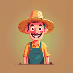 "Sunny Farmer's Sunflower Serenade" features a cartoonish farmer surrounded by vibrant sunflowers, exuding cheer with his friendly , plaid shirt, overalls, large hat, and beaming smile; 