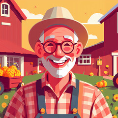 "Sunny Farmer's Sunflower Serenade" features a cartoonish farmer surrounded by vibrant sunflowers, exuding cheer with his friendly , plaid shirt, overalls, large hat, and beaming smile; 