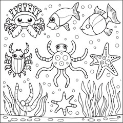 Sea creatures coloring pages. Sea creatures outline for coloring book.