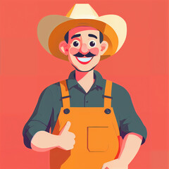 "Sunny Farmer's Sunflower Serenade" features a cartoonish farmer surrounded by vibrant sunflowers, exuding cheer with his friendly , plaid shirt, overalls, large hat, and beaming smile; 