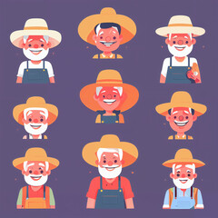 "Sunny Farmer's Sunflower Serenade" features a cartoonish farmer surrounded by vibrant sunflowers, exuding cheer with his friendly , plaid shirt, overalls, large hat, and beaming smile; 