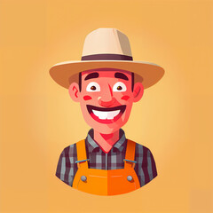 "Sunny Farmer's Sunflower Serenade" features a cartoonish farmer surrounded by vibrant sunflowers, exuding cheer with his friendly , plaid shirt, overalls, large hat, and beaming smile; 