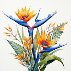 Watercolor bird of paradise clipart featuring exotic orange and blue flowers