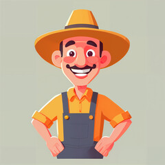 "Sunny Farmer's Sunflower Serenade" features a cartoonish farmer surrounded by vibrant sunflowers, exuding cheer with his friendly , plaid shirt, overalls, large hat, and beaming smile; 