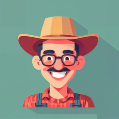 "Sunny Farmer's Sunflower Serenade" features a cartoonish farmer surrounded by vibrant sunflowers, exuding cheer with his friendly , plaid shirt, overalls, large hat, and beaming smile; 