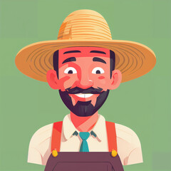 "Sunny Farmer's Sunflower Serenade" features a cartoonish farmer surrounded by vibrant sunflowers, exuding cheer with his friendly , plaid shirt, overalls, large hat, and beaming smile; 