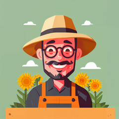 "Sunny Farmer's Sunflower Serenade" features a cartoonish farmer surrounded by vibrant sunflowers, exuding cheer with his friendly , plaid shirt, overalls, large hat, and beaming smile; 