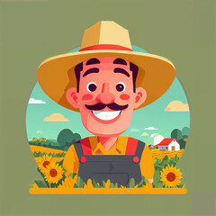 "Sunny Farmer's Sunflower Serenade" features a cartoonish farmer surrounded by vibrant sunflowers, exuding cheer with his friendly , plaid shirt, overalls, large hat, and beaming smile; 