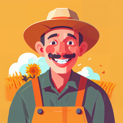 "Sunny Farmer's Sunflower Serenade" features a cartoonish farmer surrounded by vibrant sunflowers, exuding cheer with his friendly , plaid shirt, overalls, large hat, and beaming smile; 