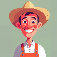 "Sunny Farmer's Sunflower Serenade" features a cartoonish farmer surrounded by vibrant sunflowers, exuding cheer with his friendly , plaid shirt, overalls, large hat, and beaming smile; 