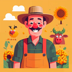 "Sunny Farmer's Sunflower Serenade" features a cartoonish farmer surrounded by vibrant sunflowers, exuding cheer with his friendly , plaid shirt, overalls, large hat, and beaming smile; 