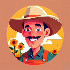 "Sunny Farmer's Sunflower Serenade" features a cartoonish farmer surrounded by vibrant sunflowers, exuding cheer with his friendly , plaid shirt, overalls, large hat, and beaming smile; 