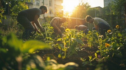 Group of men preparing garden space together on green rooftop garden, showcasing sustainable urban agriculture. Commitment to sustainable living. Generative ai