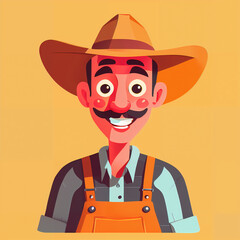 "Sunny Farmer's Sunflower Serenade" features a cartoonish farmer surrounded by vibrant sunflowers, exuding cheer with his friendly , plaid shirt, overalls, large hat, and beaming smile; 