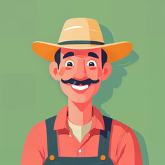 "Sunny Farmer's Sunflower Serenade" features a cartoonish farmer surrounded by vibrant sunflowers, exuding cheer with his friendly , plaid shirt, overalls, large hat, and beaming smile; 