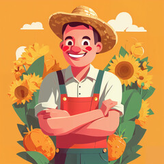 "Sunny Farmer's Sunflower Serenade" features a cartoonish farmer surrounded by vibrant sunflowers, exuding cheer with his friendly , plaid shirt, overalls, large hat, and beaming smile; 
