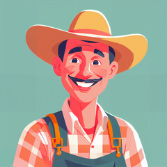 "Sunny Farmer's Sunflower Serenade" features a cartoonish farmer surrounded by vibrant sunflowers, exuding cheer with his friendly , plaid shirt, overalls, large hat, and beaming smile; 
