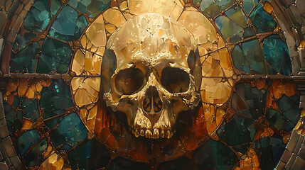 oil painting logo of skull on background of an ancient stained glass window. Generative Ai - obrazy, fototapety, plakaty
