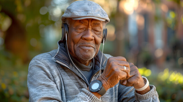 Elderly African american man wearing a gray cap and grey jacket listening to music with headphones in the park. Mental health and meditation for no stress - Powered by Adobe