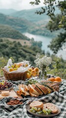 An elegant picnic on a hillside with a selection of sandwiches