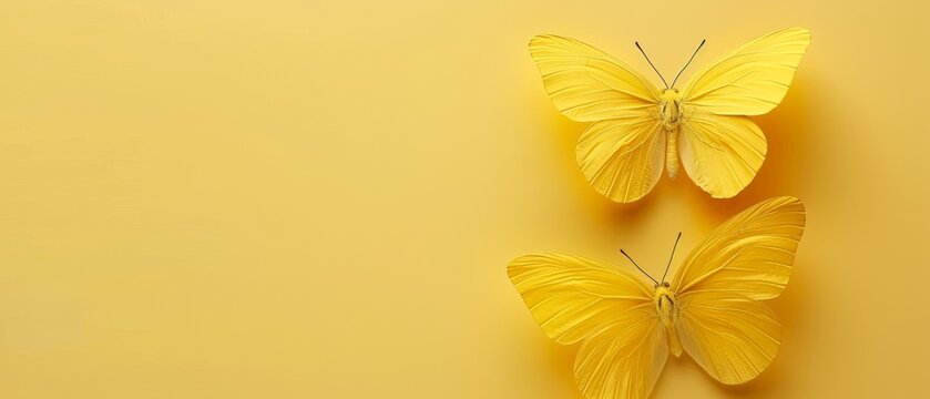  Two yellow butterflies resting on a yellow background next to one another