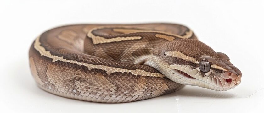  A sharp focus image of a snake with an open mouth and extended tongue against a white background
