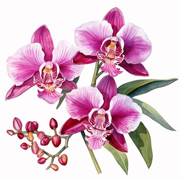 Watercolor orchid clipart featuring exotic blooms in purple and pink hues, isolated on white background